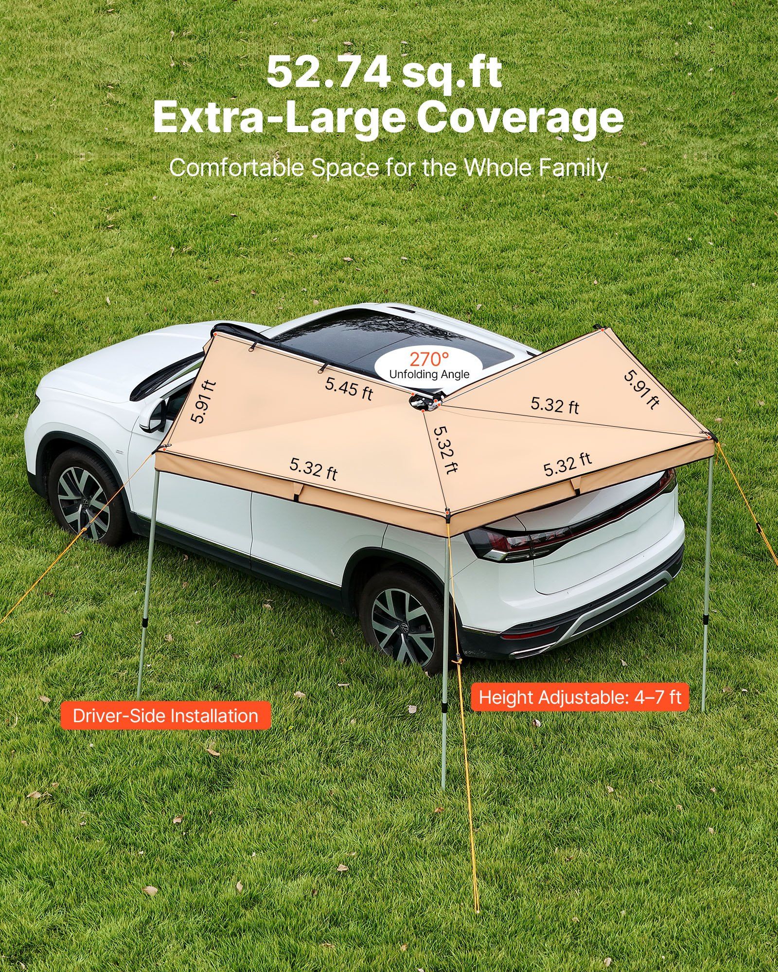 270 Degree Awning, 4.9 m2 Driver Side Vehicle Awning, Waterproof UV50+ Car Side Awnings with Carry Bag, V952-QCCP12759FTSTOWKB001V0