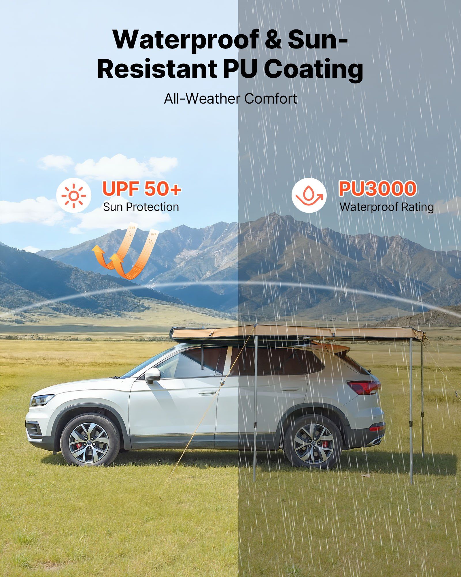 270 Degree Awning, 4.9 m2 Driver Side Vehicle Awning, Waterproof UV50+ Car Side Awnings with Carry Bag, V952-QCCP12759FTSTOWKB001V0