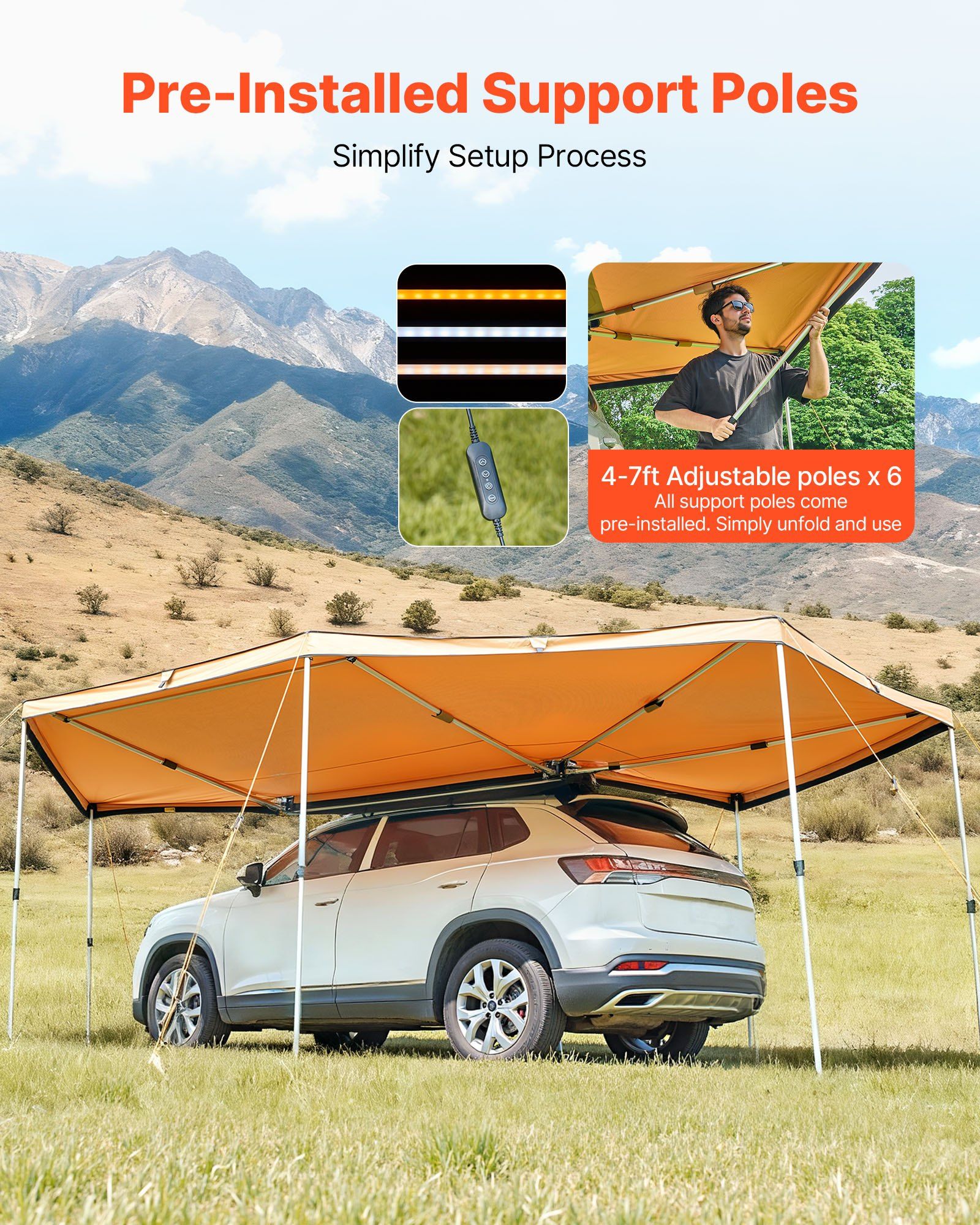 270 Degree Awning with Bulit-in LED Lights, 12.4 m2 Driver Side Vehicle Awning, Waterproof UV50+ Car Side V952-QCCP20359FTH42QCL001V9