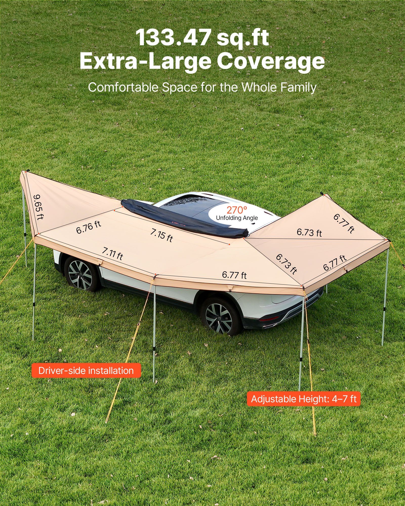 270 Degree Awning with Bulit-in LED Lights, 12.4 m2 Driver Side Vehicle Awning, Waterproof UV50+ Car Side V952-QCCP20359FTH42QCL001V9