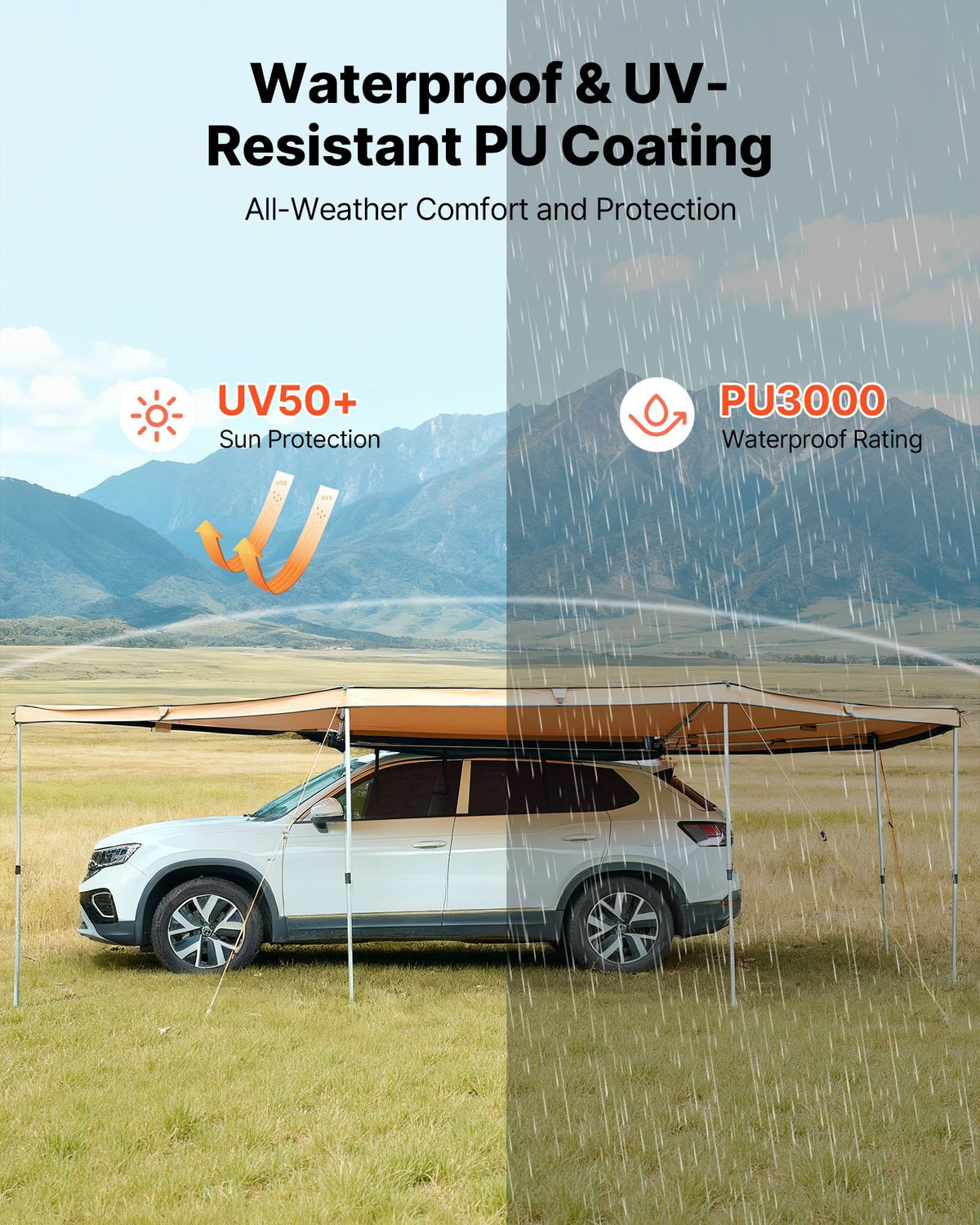 270 Degree Awning with Bulit-in LED Lights, 12.4 m2 Driver Side Vehicle Awning, Waterproof UV50+ Car Side V952-QCCP20359FTH42QCL001V9
