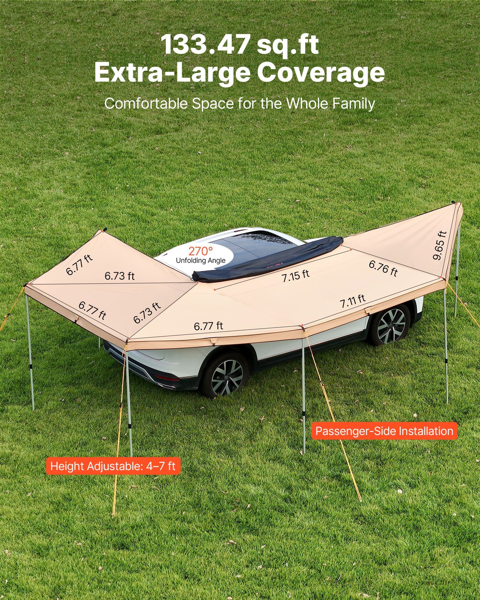 270 Degree Awning, 12.4 m2 Driver Side Vehicle Awning, Waterproof UV50+ Car Side Awnings with Carry Bag, V952-QCCP2065FTSHVNUN9001V0