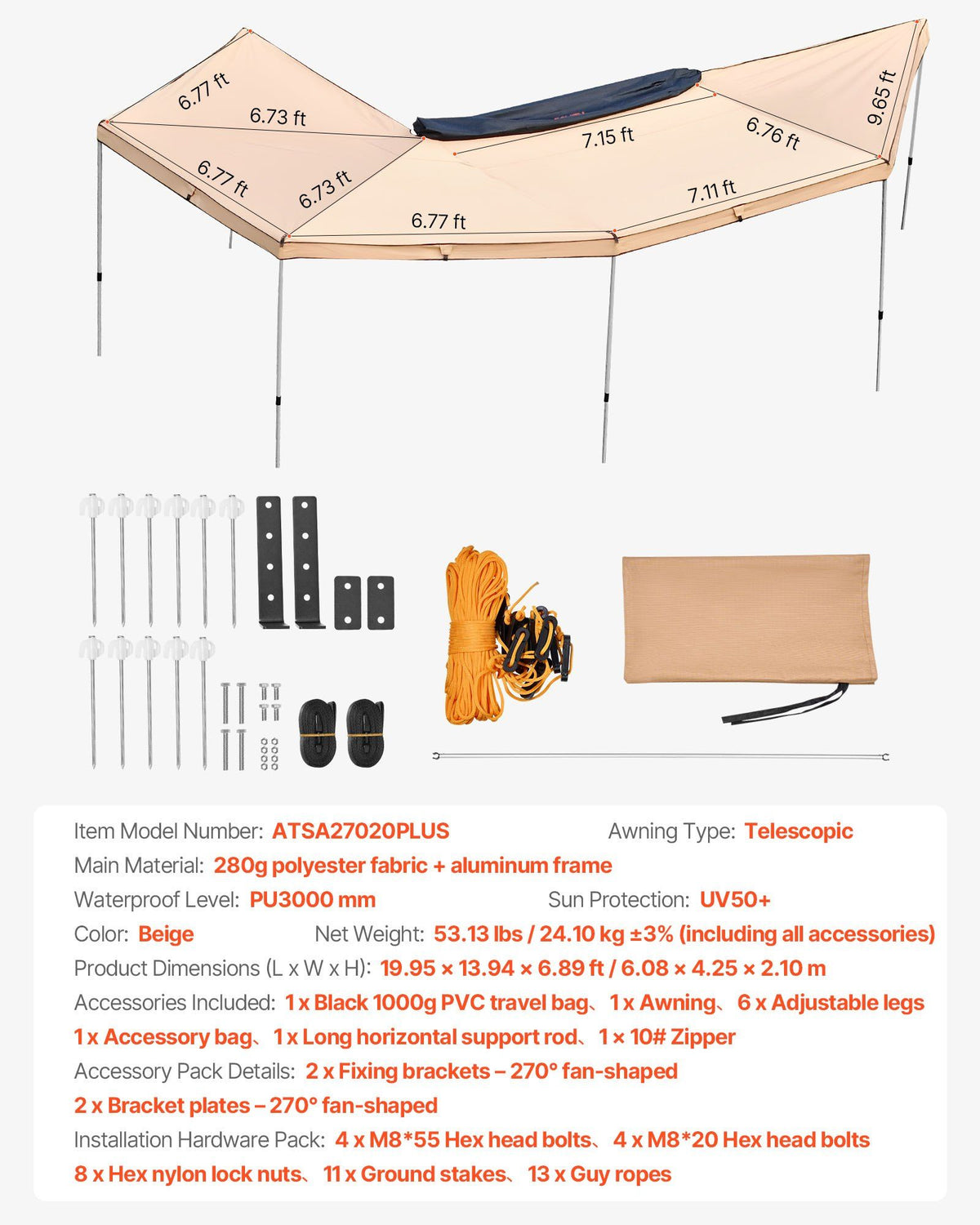 270 Degree Awning, 12.4 m2 Driver Side Vehicle Awning, Waterproof UV50+ Car Side Awnings with Carry Bag, V952-QCCP2065FTSHVNUN9001V0