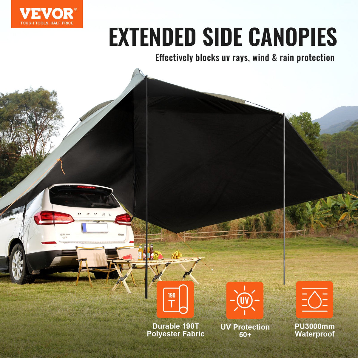Vehicle Awning, Large 10' x 7' Shade Coverage Car Side Awning, PU2000mm UV50+ Car Awning with Extended Side V952-QCCPBXS10X7FJ8FWTV0