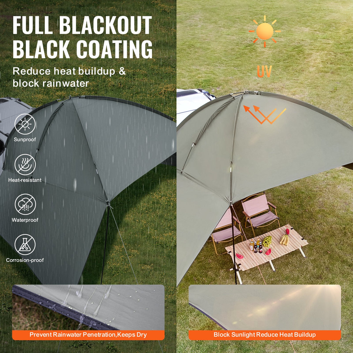 Vehicle Awning, Large 10' x 7' Shade Coverage Car Side Awning, PU2000mm UV50+ Car Awning with Extended Side V952-QCCPBXS10X7FJ8FWTV0