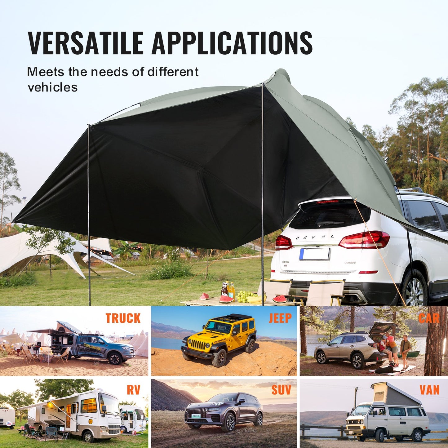 Vehicle Awning, Large 10' x 7' Shade Coverage Car Side Awning, PU2000mm UV50+ Car Awning with Extended Side V952-QCCPBXS10X7FJ8FWTV0