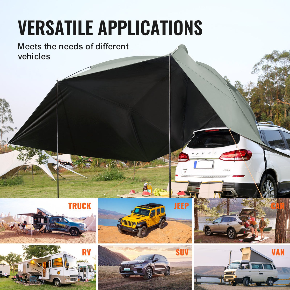 Vehicle Awning, Large 10' x 7' Shade Coverage Car Side Awning, PU2000mm UV50+ Car Awning with Extended Side V952-QCCPBXS10X7FJ8FWTV0