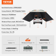 Vehicle Awning, Large 10' x 7' Shade Coverage Car Side Awning, PU2000mm UV50+ Car Awning with Extended Side V952-QCCPBXS10X7FJ8FWTV0