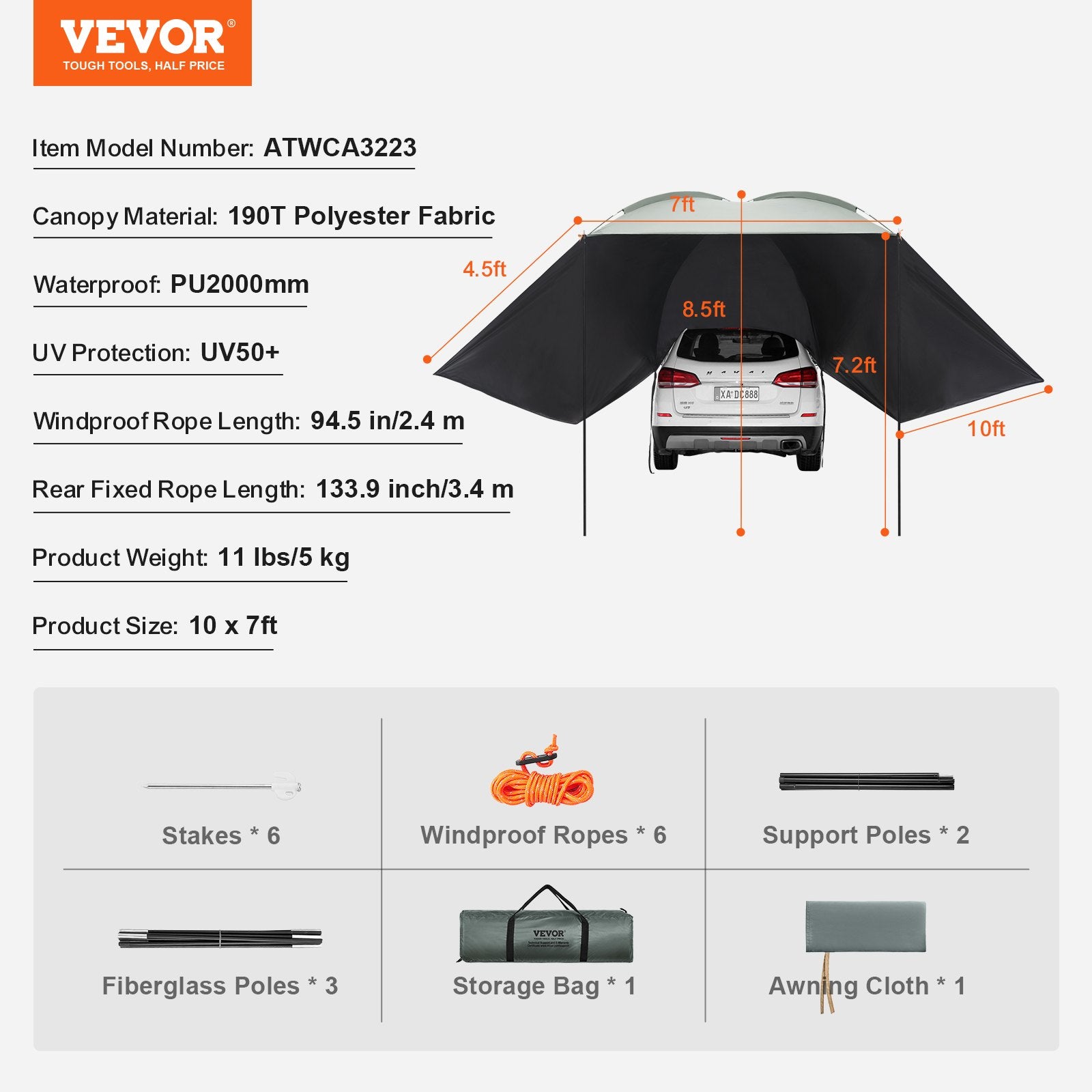 Vehicle Awning, Large 10' x 7' Shade Coverage Car Side Awning, PU2000mm UV50+ Car Awning with Extended Side V952-QCCPBXS10X7FJ8FWTV0