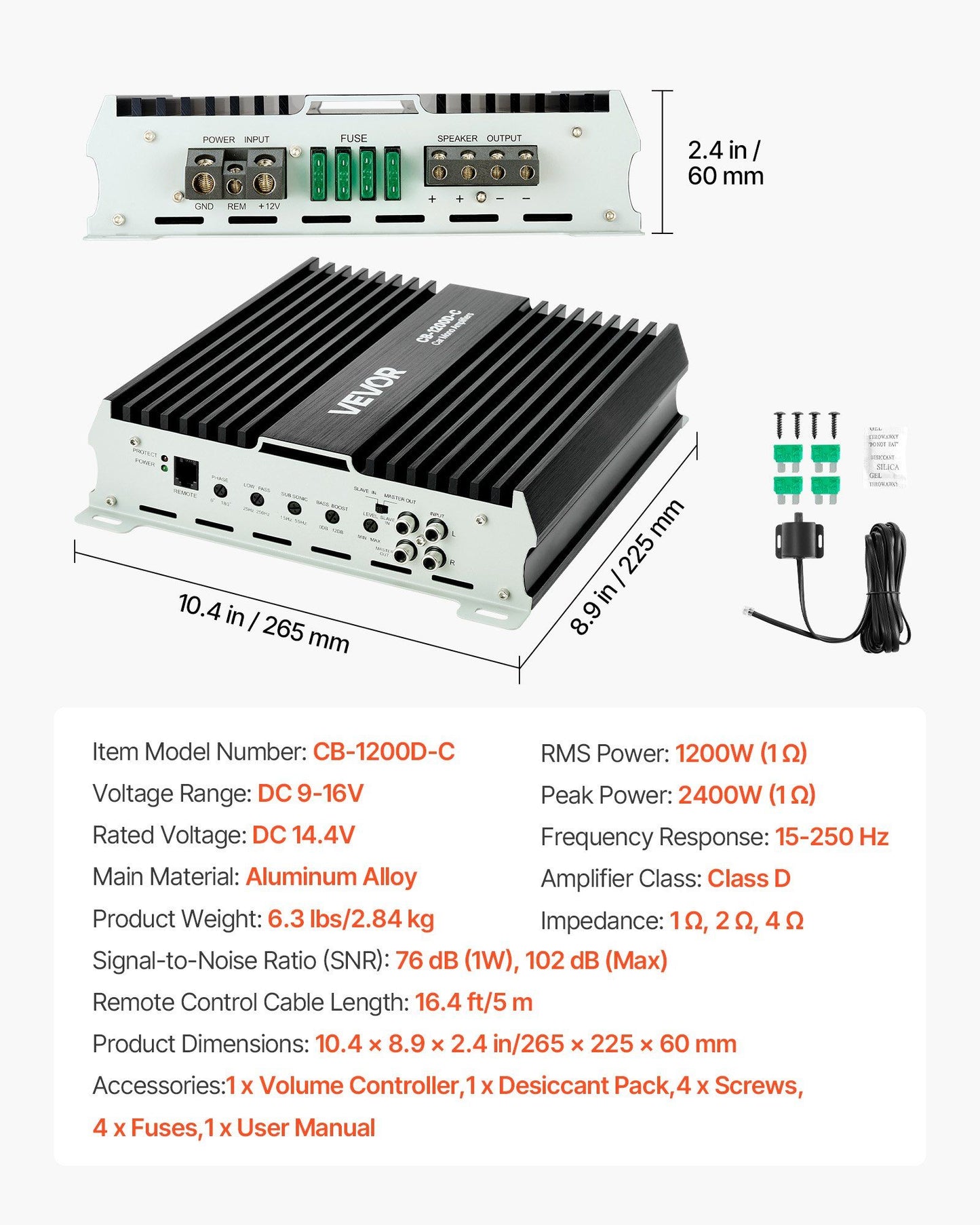 Monoblock Car Amplifier, 1200W RMS MAX, 1/2/4 Ohm Stable, 1-Channel Class D Car Audio Amplifier with Remote V952-QCDSDFDQDLGFK79L7001V9