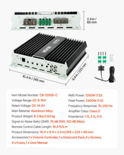 Monoblock Car Amplifier, 1200W RMS MAX, 1/2/4 Ohm Stable, 1-Channel Class D Car Audio Amplifier with Remote V952-QCDSDFDQDLGFK79L7001V9
