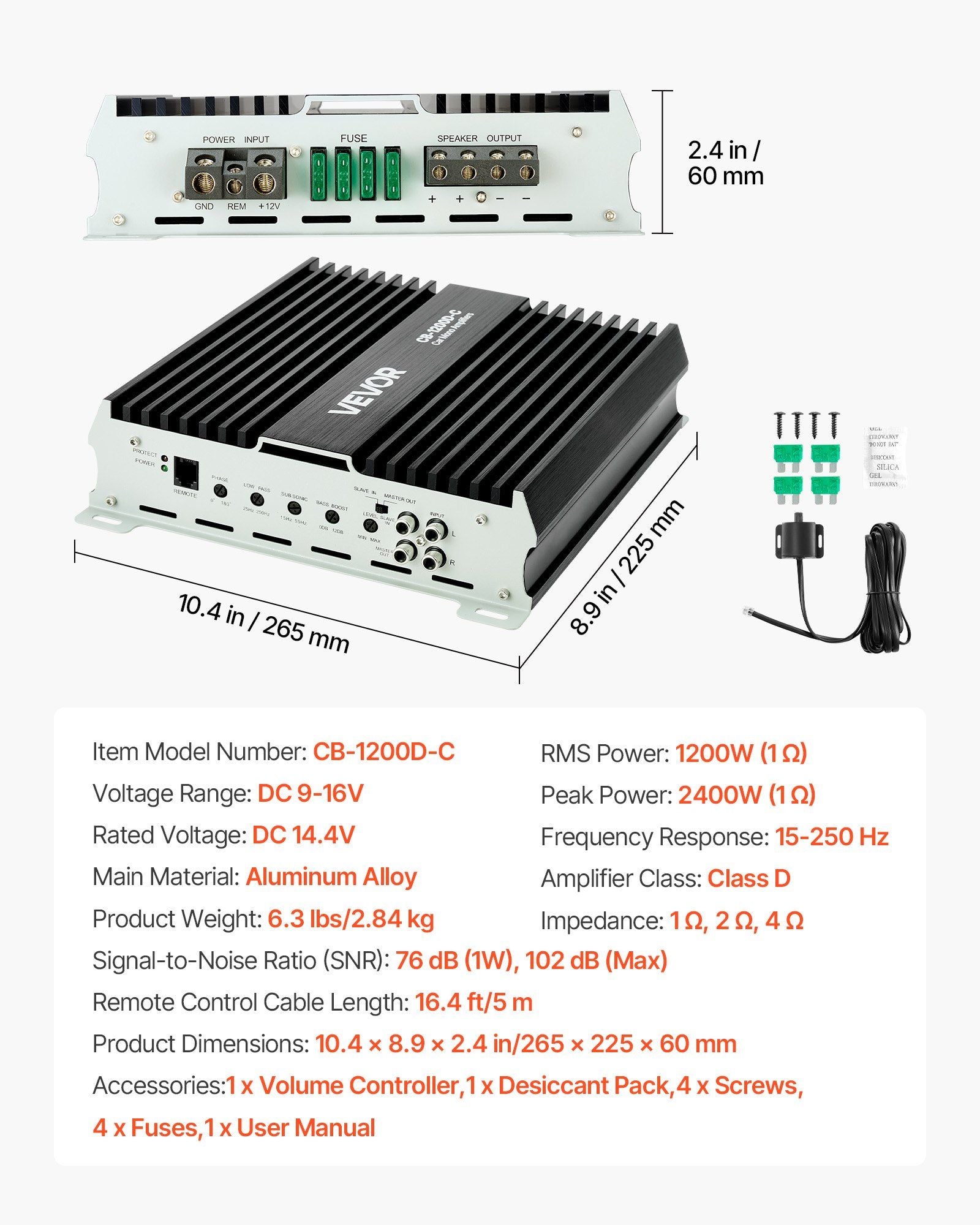 Monoblock Car Amplifier, 1200W RMS MAX, 1/2/4 Ohm Stable, 1-Channel Class D Car Audio Amplifier with Remote V952-QCDSDFDQDLGFK79L7001V9