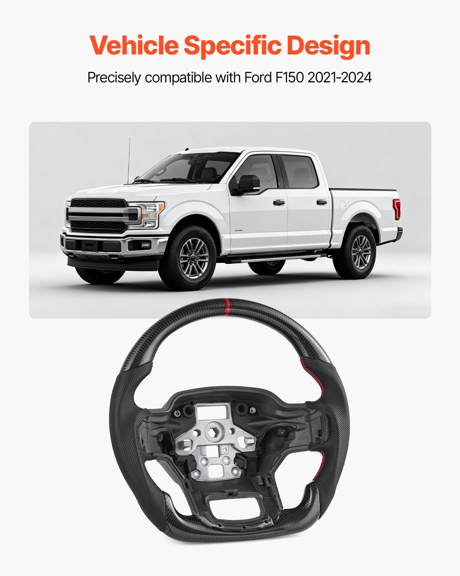 Steering Wheel for 2021-2024 Ford F150, Carbon Fiber Steering Wheel D-Shaped Flat-Bottom, Leather Grip with V952-QCFXPZYFTF15VL7EA001V0