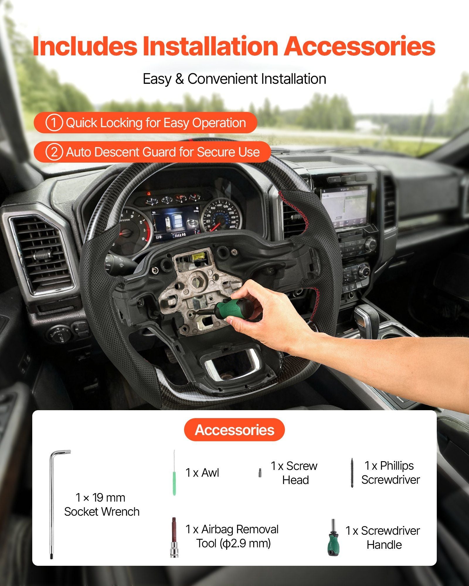 Steering Wheel for 2021-2024 Ford F150, Carbon Fiber Steering Wheel D-Shaped Flat-Bottom, Leather Grip with V952-QCFXPZYFTF15VL7EA001V0