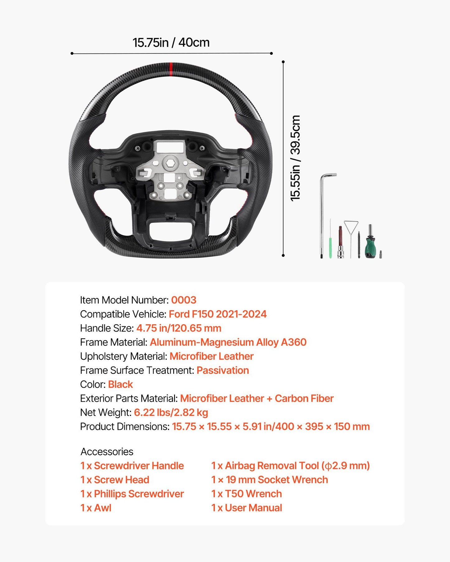 Steering Wheel for 2021-2024 Ford F150, Carbon Fiber Steering Wheel D-Shaped Flat-Bottom, Leather Grip with V952-QCFXPZYFTF15VL7EA001V0
