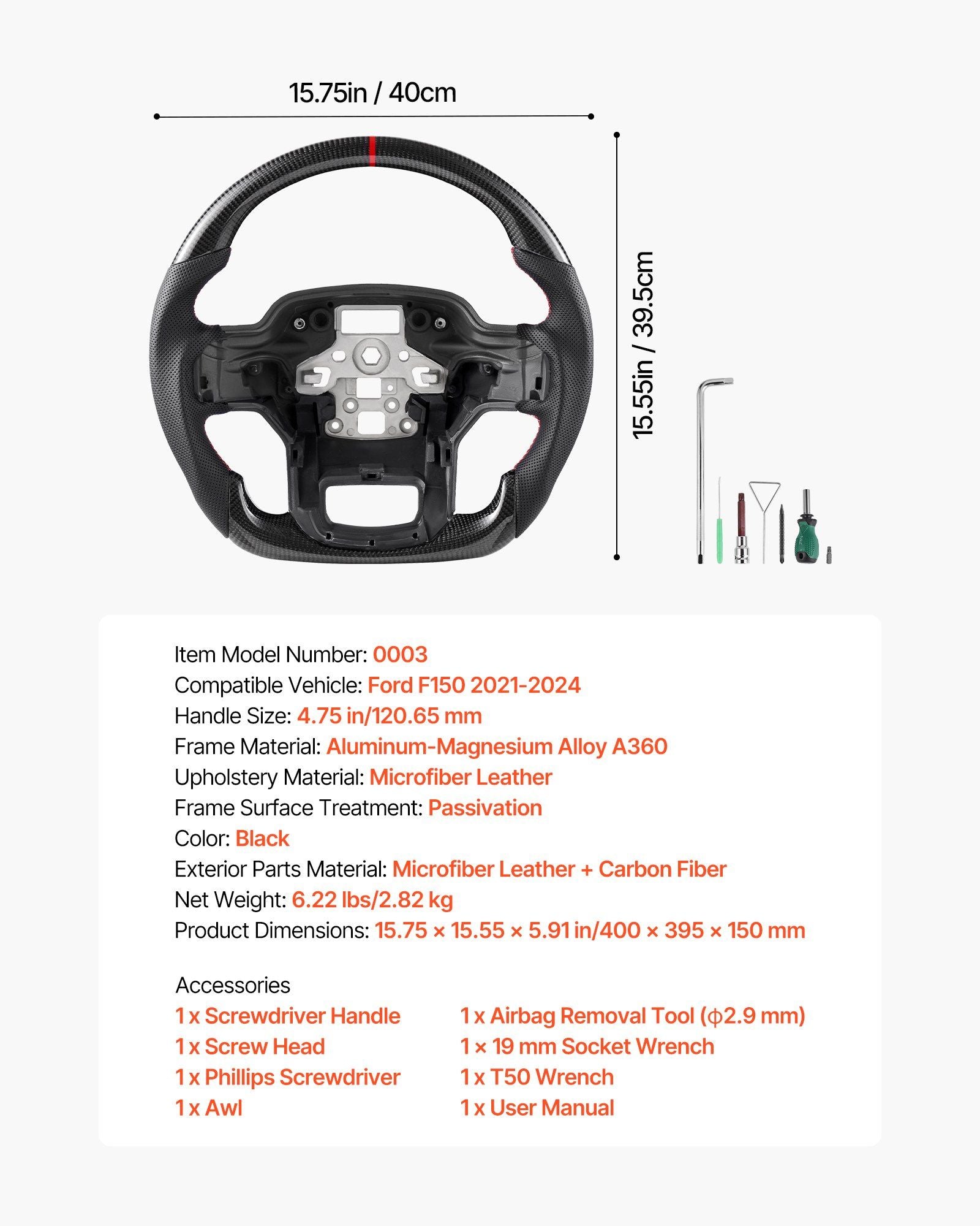 Steering Wheel for 2021-2024 Ford F150, Carbon Fiber Steering Wheel D-Shaped Flat-Bottom, Leather Grip with V952-QCFXPZYFTF15VL7EA001V0