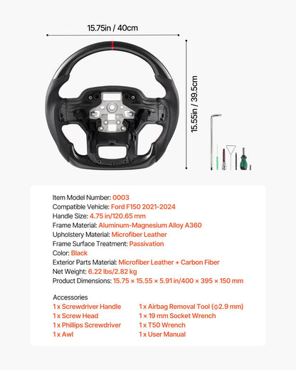 Steering Wheel for 2021-2024 Ford F150, Carbon Fiber Steering Wheel D-Shaped Flat-Bottom, Leather Grip with V952-QCFXPZYFTF15VL7EA001V0
