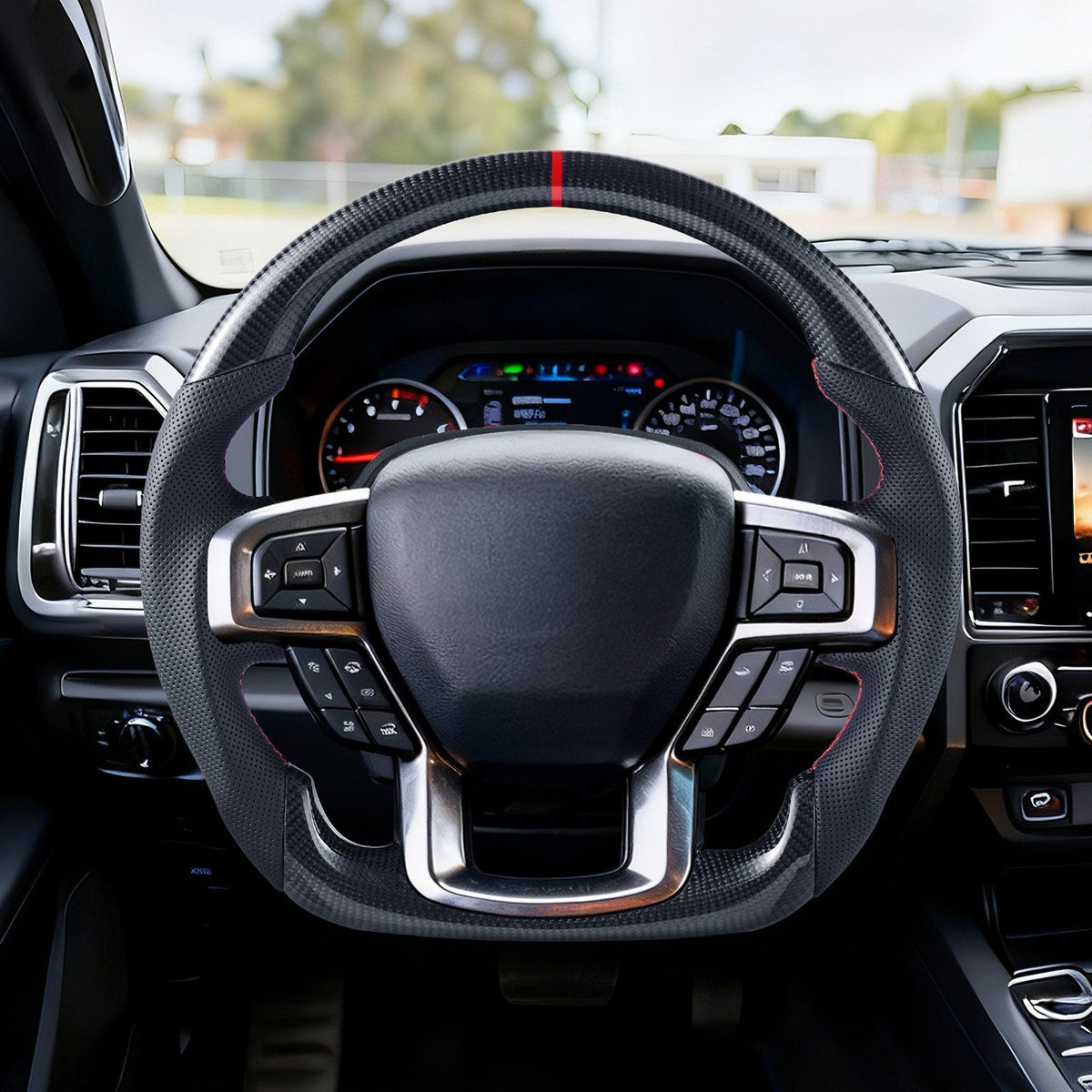Steering Wheel for 2021-2024 Ford F150, Carbon Fiber Steering Wheel D-Shaped Flat-Bottom, Leather Grip with V952-QCFXPZYFTF15VL7EA001V0