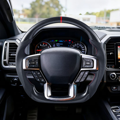 Steering Wheel for 2021-2024 Ford F150, Carbon Fiber Steering Wheel D-Shaped Flat-Bottom, Leather Grip with V952-QCFXPZYFTF15VL7EA001V0