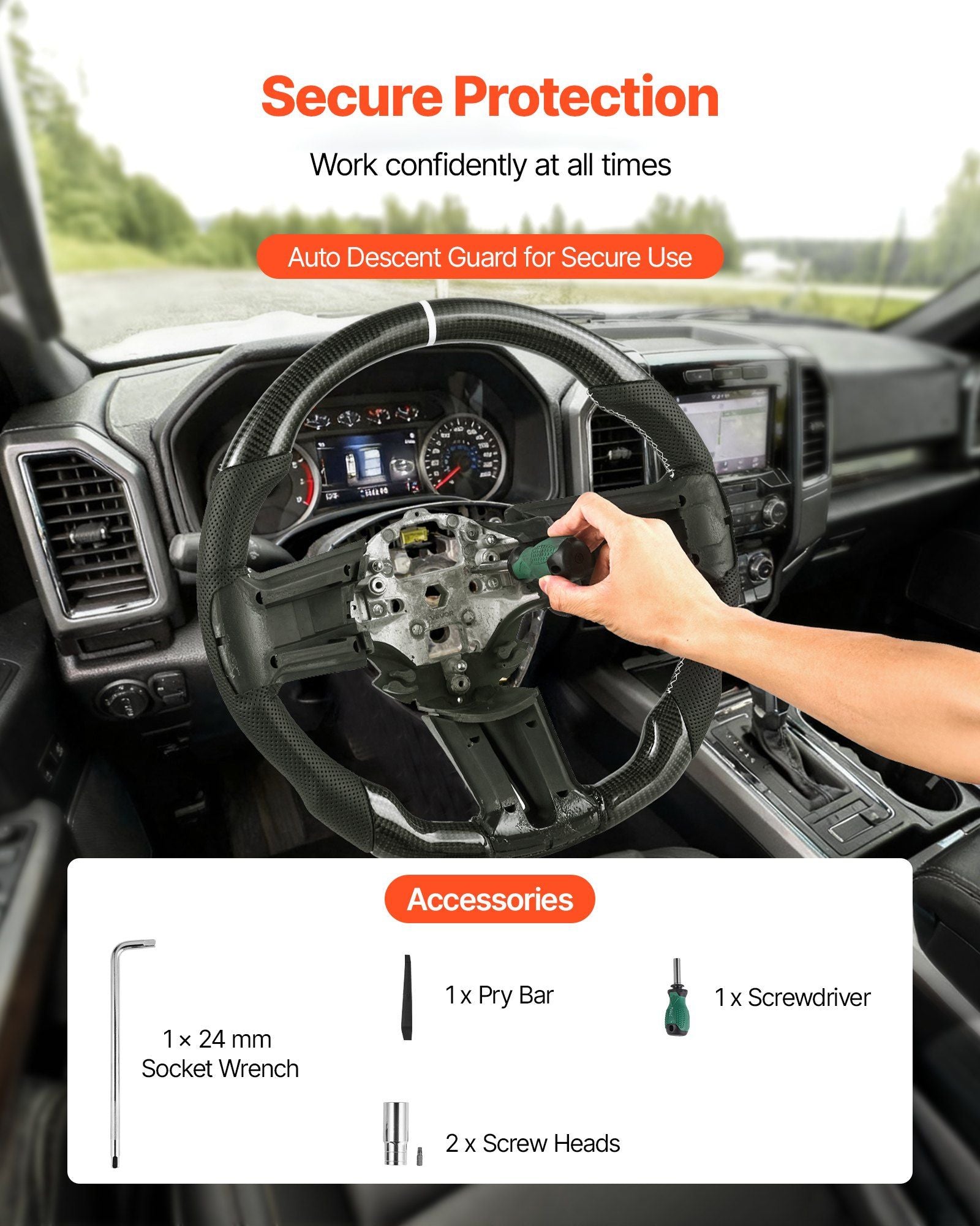 Steering Wheel for 2010-2014 Ford Mustang, Carbon Fiber Steering Wheel D-Shaped Flat-Bottom, Leather Grip V952-QCFXPZYFTMUSW6W31001V0