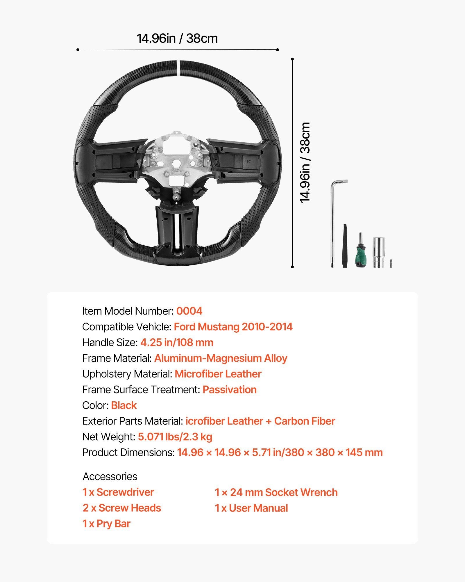 Steering Wheel for 2010-2014 Ford Mustang, Carbon Fiber Steering Wheel D-Shaped Flat-Bottom, Leather Grip V952-QCFXPZYFTMUSW6W31001V0