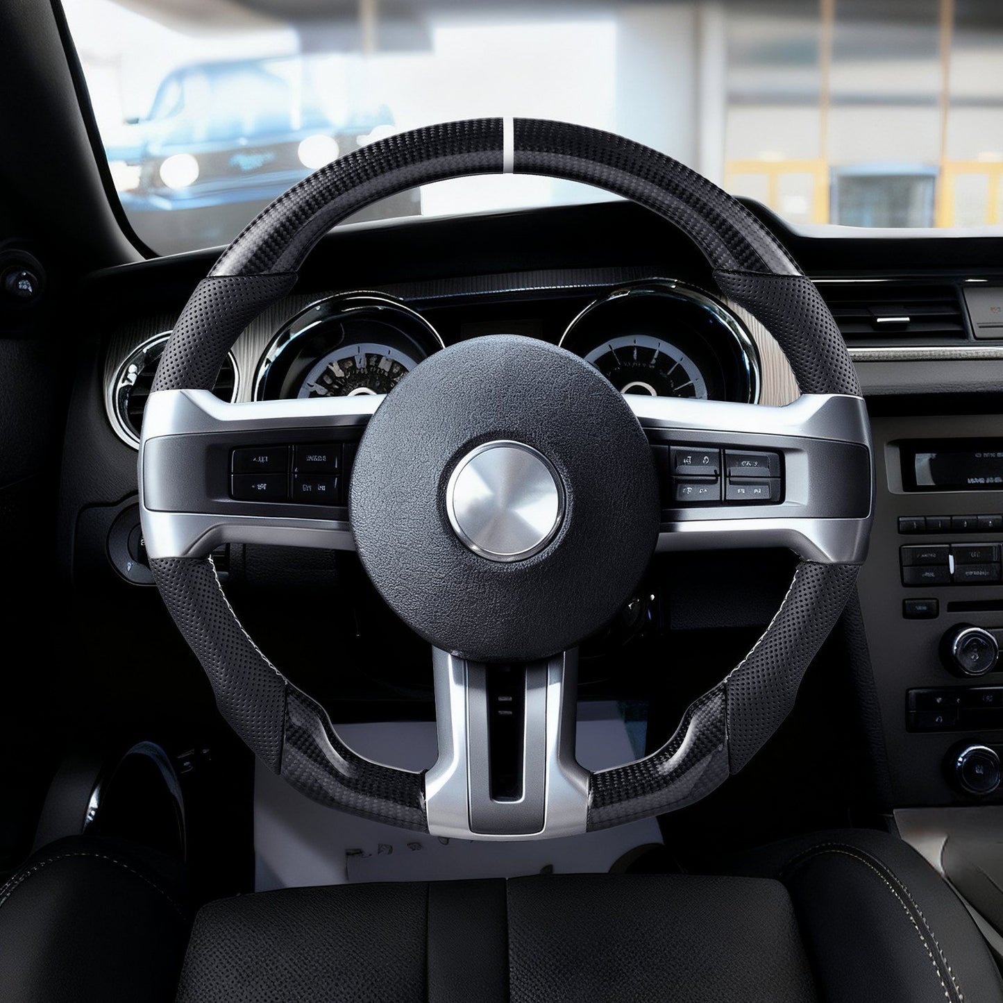 Steering Wheel for 2010-2014 Ford Mustang, Carbon Fiber Steering Wheel D-Shaped Flat-Bottom, Leather Grip V952-QCFXPZYFTMUSW6W31001V0