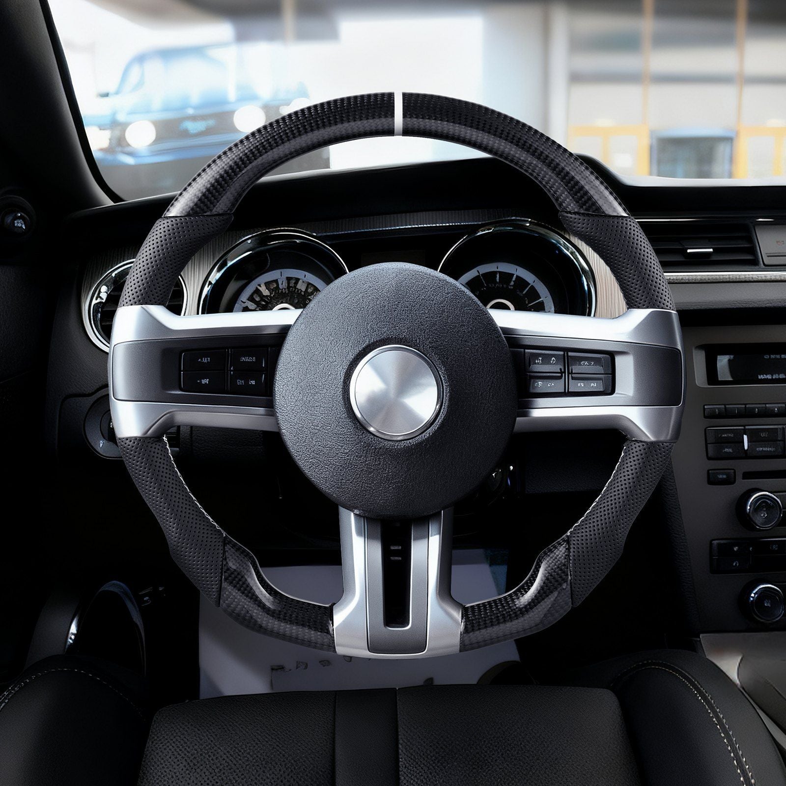 Steering Wheel for 2010-2014 Ford Mustang, Carbon Fiber Steering Wheel D-Shaped Flat-Bottom, Leather Grip V952-QCFXPZYFTMUSW6W31001V0