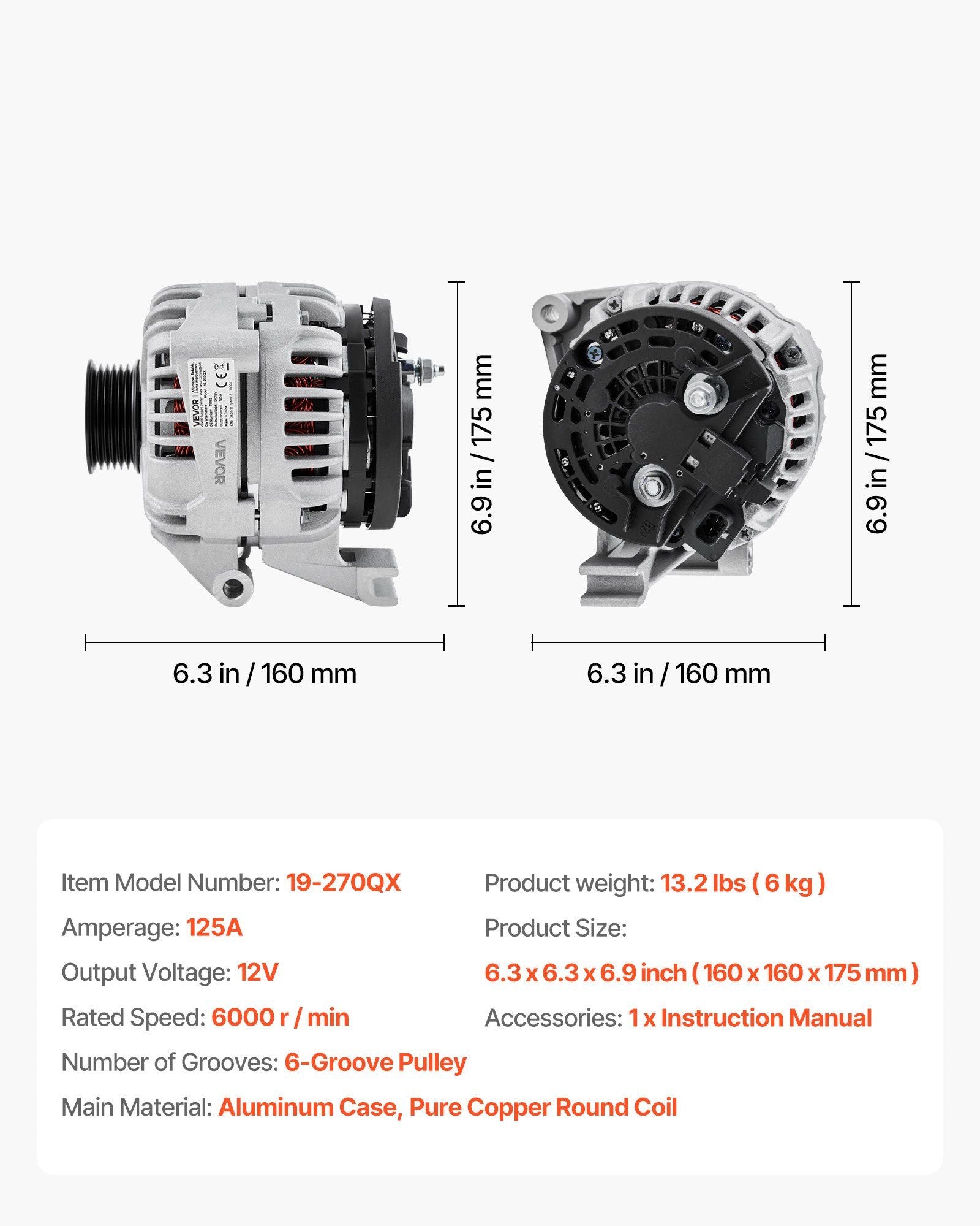 Car Alternator 11185, Fit for Chevrolet Impala LS, LT 3.5L 2006-2011, Impala LTZ 3.9L 2009-2010, Monte Carlo V952-QCJLFDJPN111Q17U9001V9