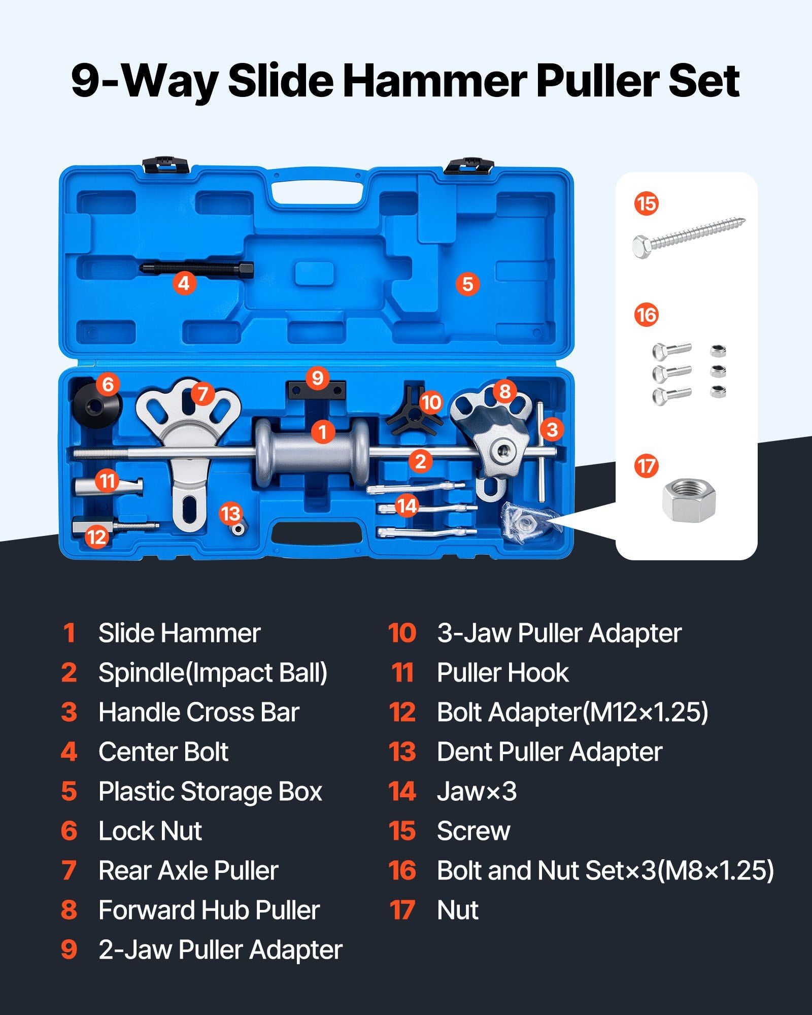9-Way Slide Hammer Puller Set, 15PCS Front Wheel Hub Bearing Remover & Rear Wheel Axle Hub Dent Shaft Puller V952-QCLGLBQHCLBQ1NQ1O001V0