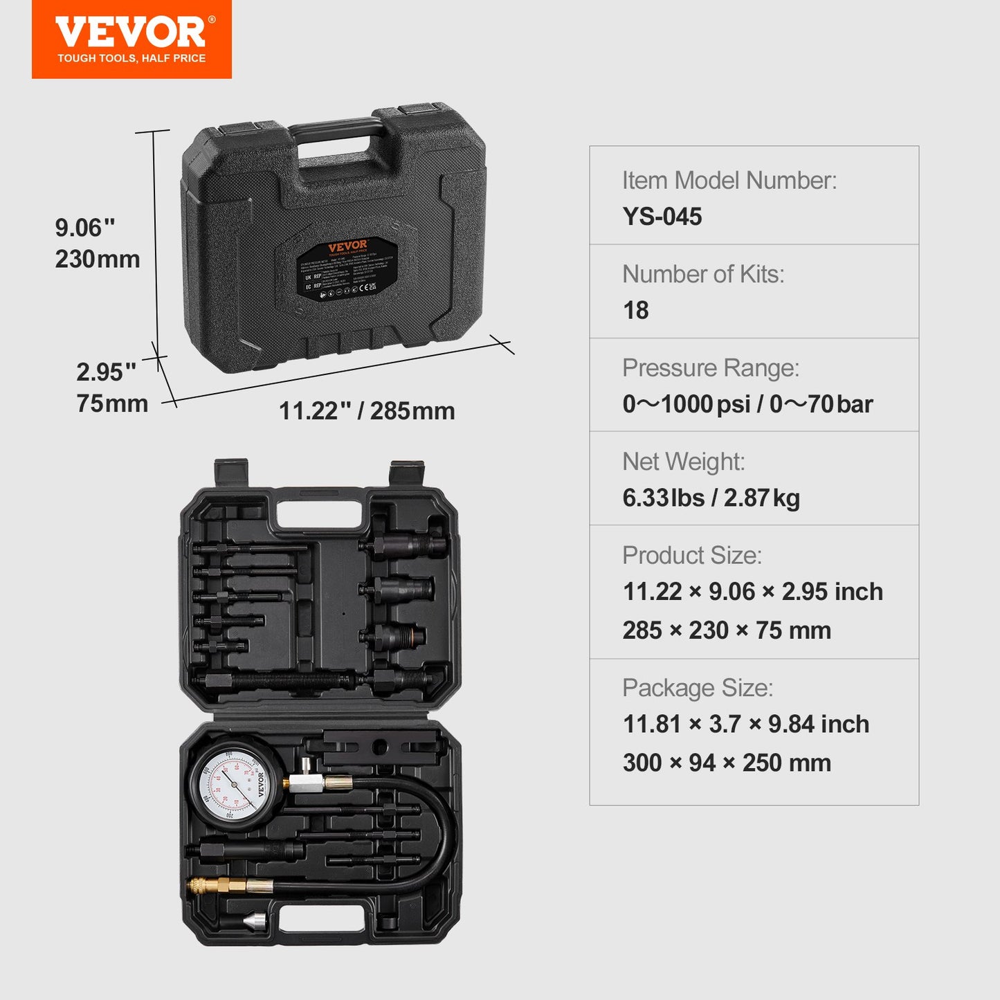 Diesel Engine Compression Tester, 18 pcs Cylinder Pressure Test Tool Kit, with 0-1000 psi Gauge and Adapters, V952-QCQGYLCSYCY0OQGECV0