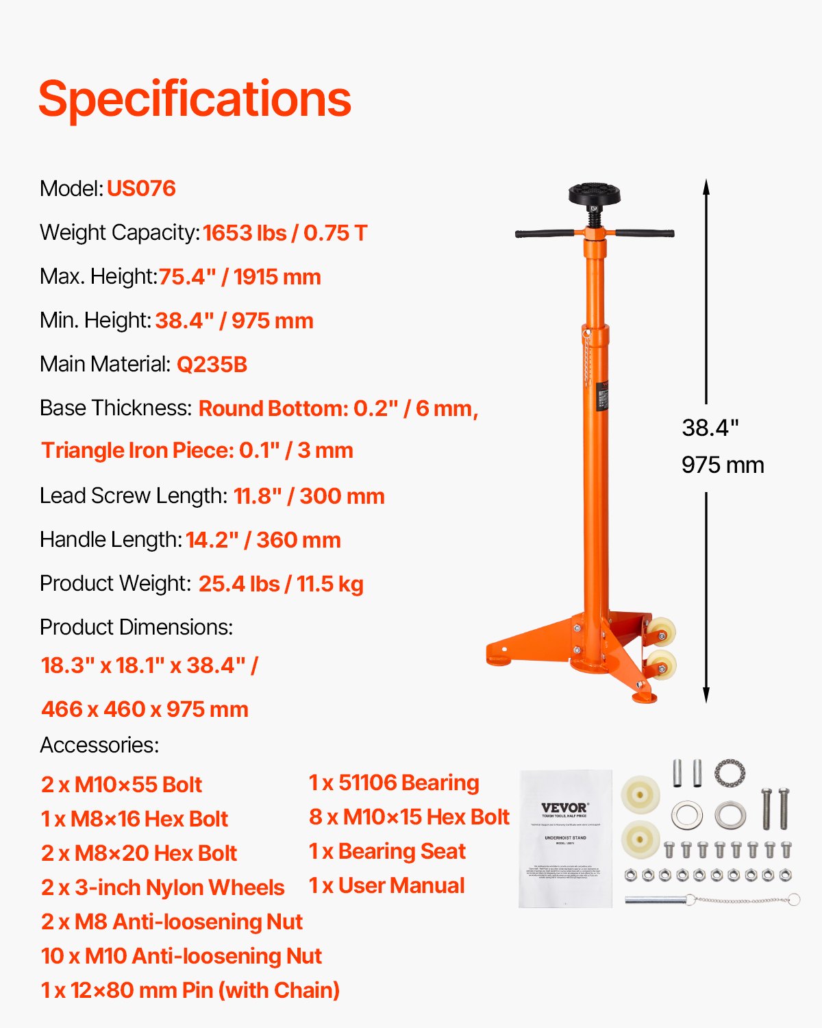 Underhoist Support Stand, 3/4 Ton Capacity Under Hoist Jack Stand, Lifting from 38.4 to 75.4 in, Bearing V952-QCSJJAQZJXSJVF5G8V0