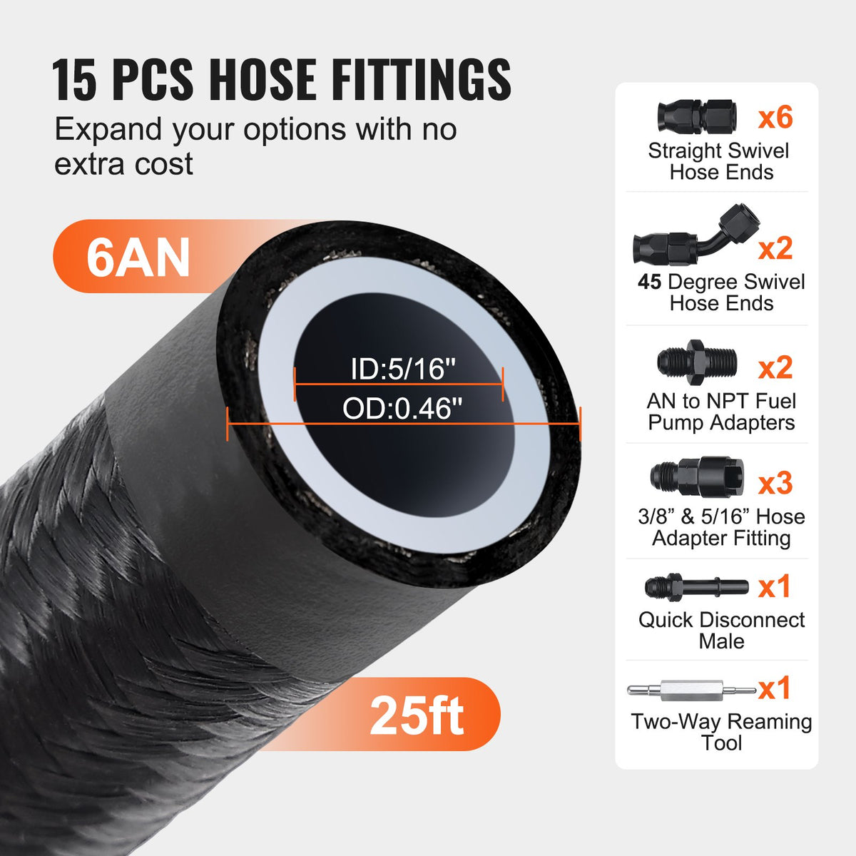 6AN Fuel Line Kit, 7.62 m Fuel Hose Kit, Nylon Stainless Steel Braided PTFE Fuel Line Kit, E85/Oil/Gas/Diesel V952-QCYYRYRG15G26J9HMV0