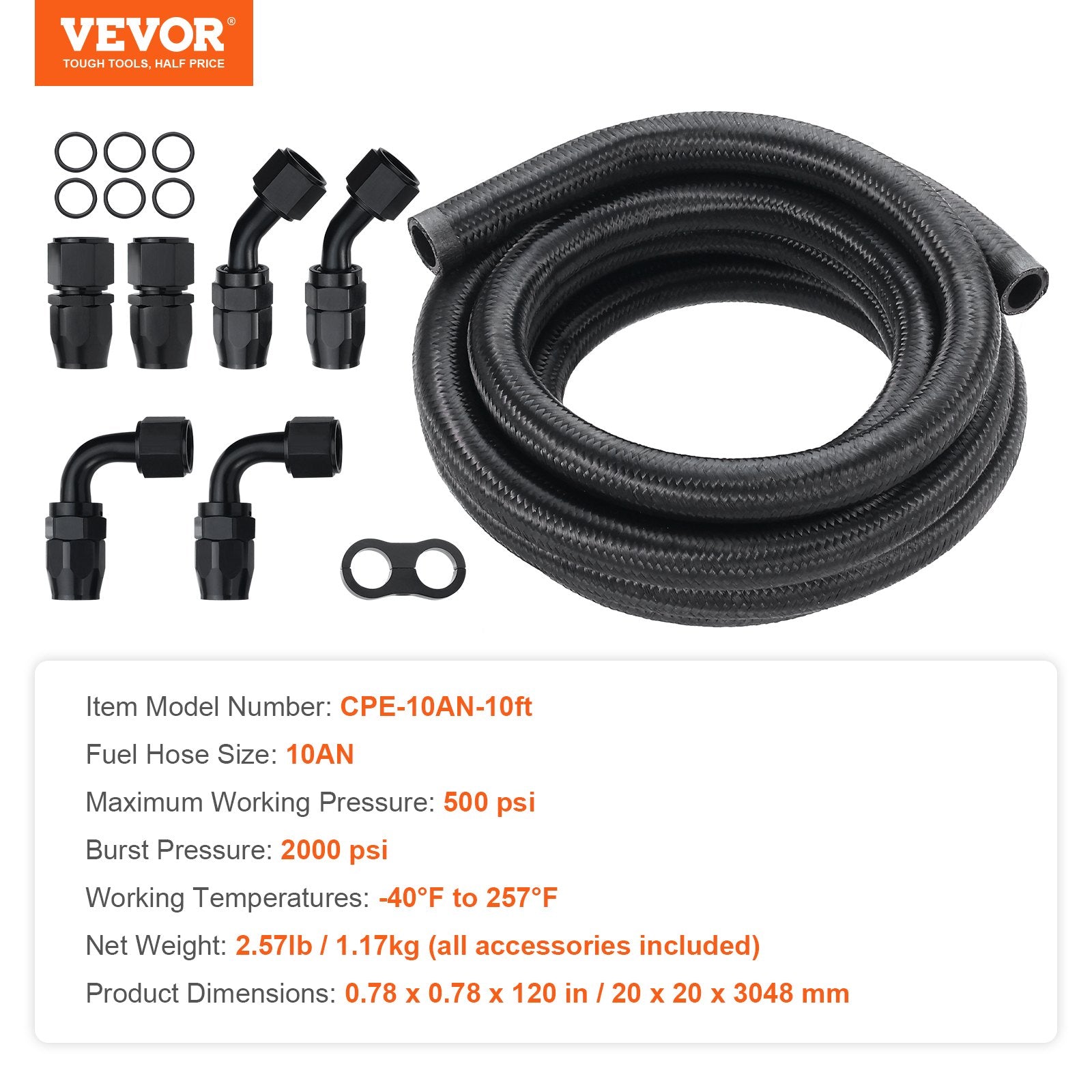 10AN Fuel Line Kit, 3.05 m Fuel Hose Kit, 1.4 cm Nylon Stainless Steel Braided Fuel Line Oil/Gas/Diesel Hose V952-QCYYRYRG7G200XFFSV0