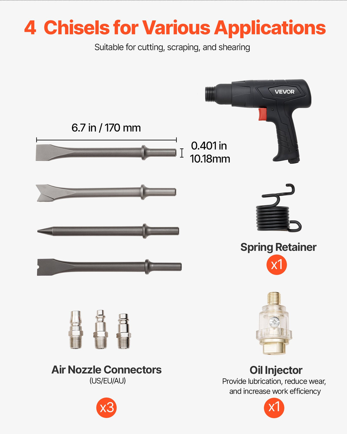 Air Hammer, 2500-2700BPM Pneumatic Hammer with 70mm Stroke & 4PCS 170mm Long Barrel Chisels, Pistol-Grip V952-QDCCCGQCQSWBB0RP2002V0
