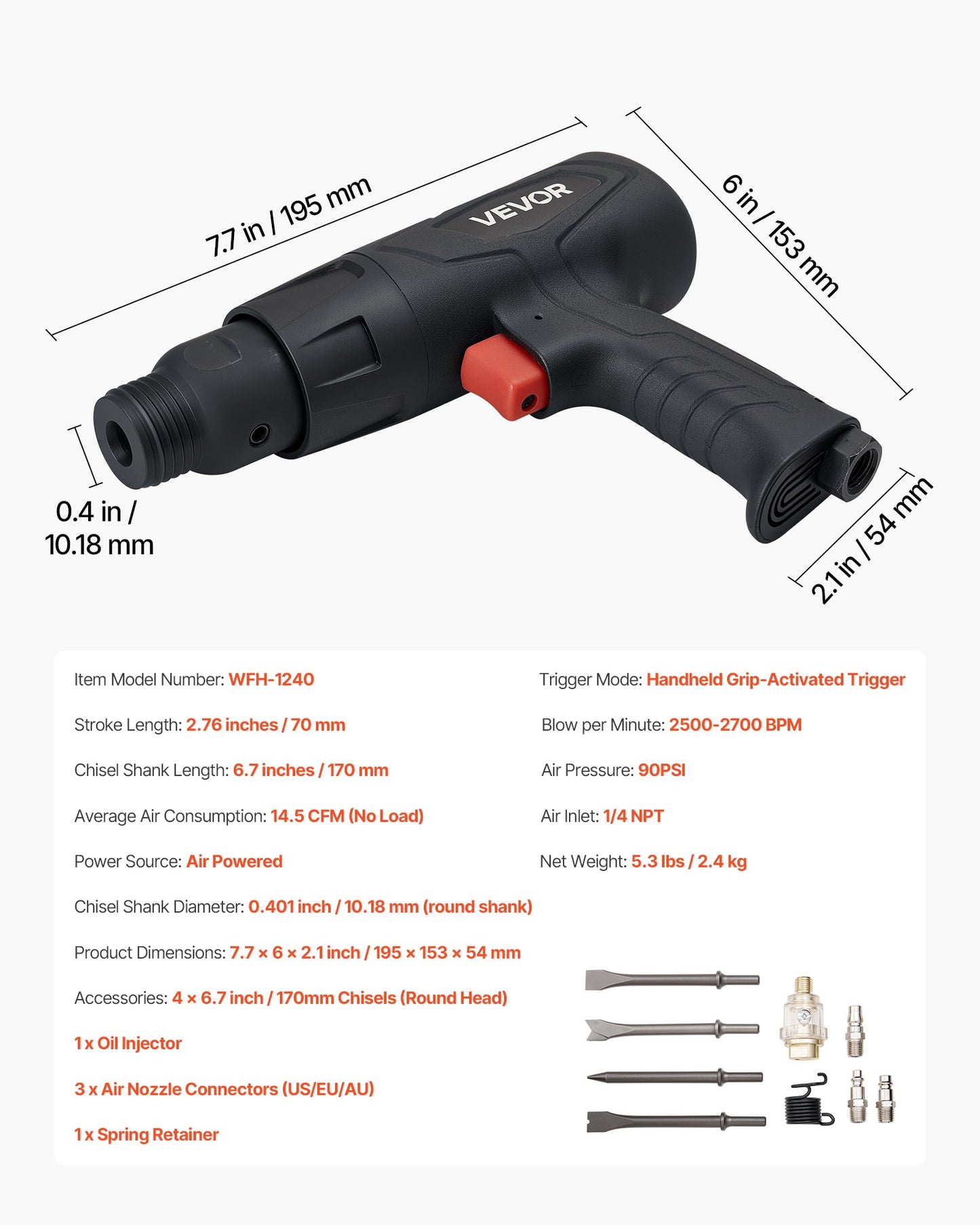 Air Hammer, 2500-2700BPM Pneumatic Hammer with 70mm Stroke & 4PCS 170mm Long Barrel Chisels, Pistol-Grip V952-QDCCCGQCQSWBB0RP2002V0