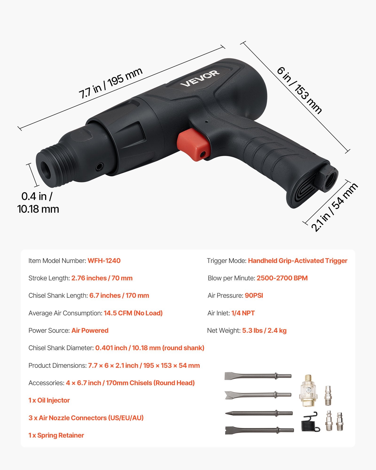 Air Hammer, 2500-2700BPM Pneumatic Hammer with 70mm Stroke & 4PCS 170mm Long Barrel Chisels, Pistol-Grip V952-QDCCCGQCQSWBB0RP2002V0