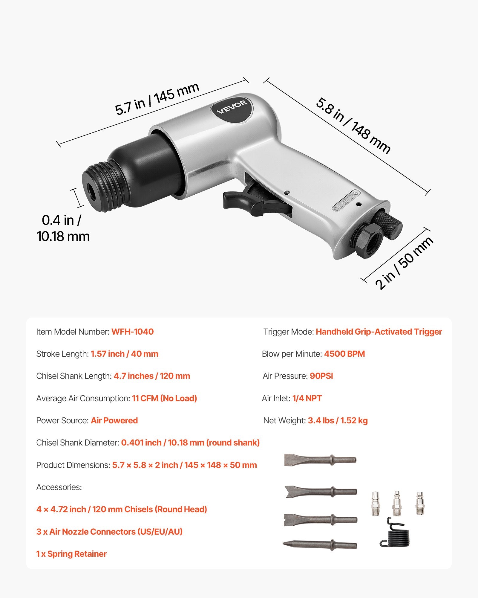 Air Hammer, 4500BPM Pneumatic Hammer with 40mm Stroke & 4PCS Chisels Round Shank, Lightweight & Compact Air V952-QDCCCGQCQSWBW3Y2Q002V0