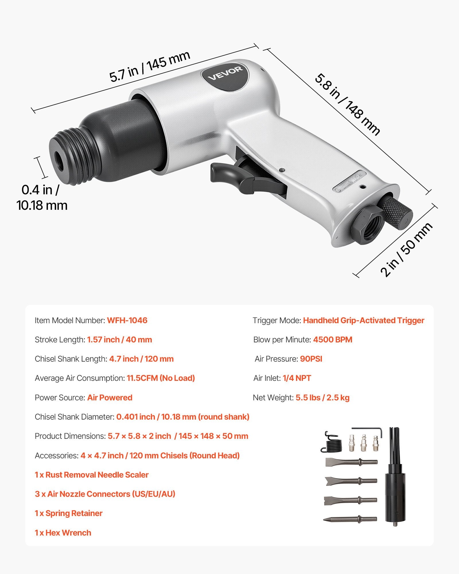 Air Hammer, 4500BPM Pneumatic Hammer with Rust Removal Air Needle Scaler & 4PCS Chisels Round Shank, V952-QDCCZSCXQQSWC0EUI002V0
