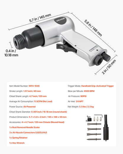 Air Hammer, 4500BPM Pneumatic Hammer with Rust Removal Air Needle Scaler & 4PCS Chisels Round Shank, V952-QDCCZSCXQQSWC0EUI002V0