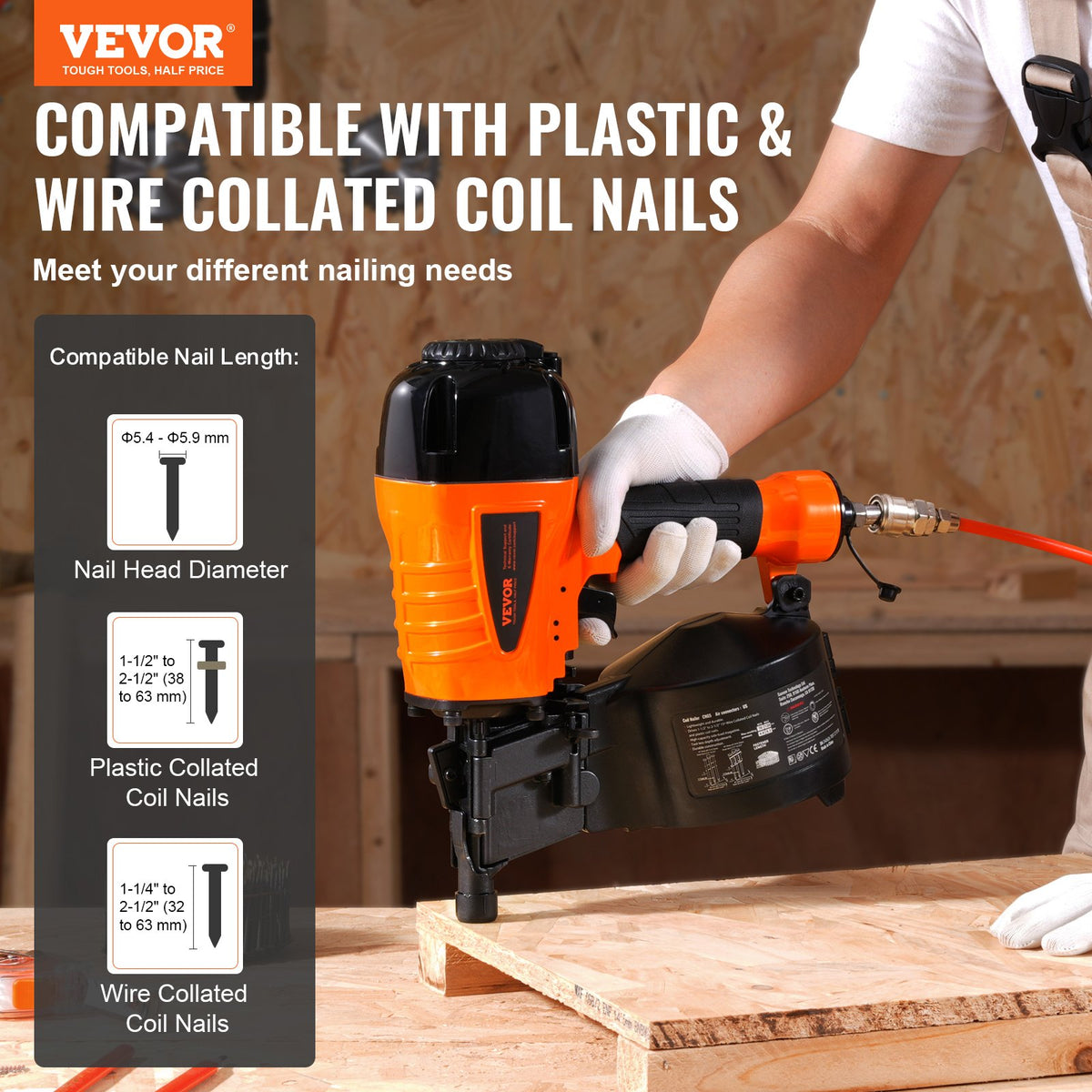 CN65 Coil Siding Nailer 32mm to 63mm 15 Degree Pneumatic Nail Gun V952-QDJPDQ65RS00QRY6IV0