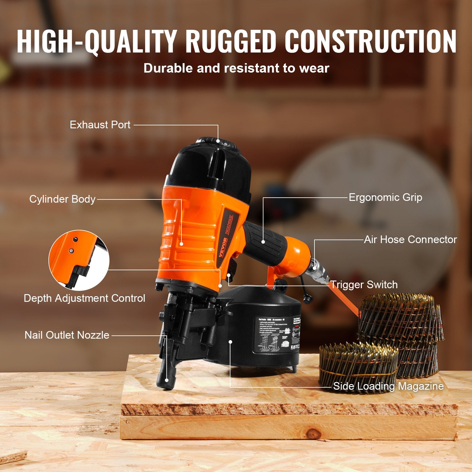 CN65 Coil Siding Nailer 32mm to 63mm 15 Degree Pneumatic Nail Gun V952-QDJPDQ65RS00QRY6IV0