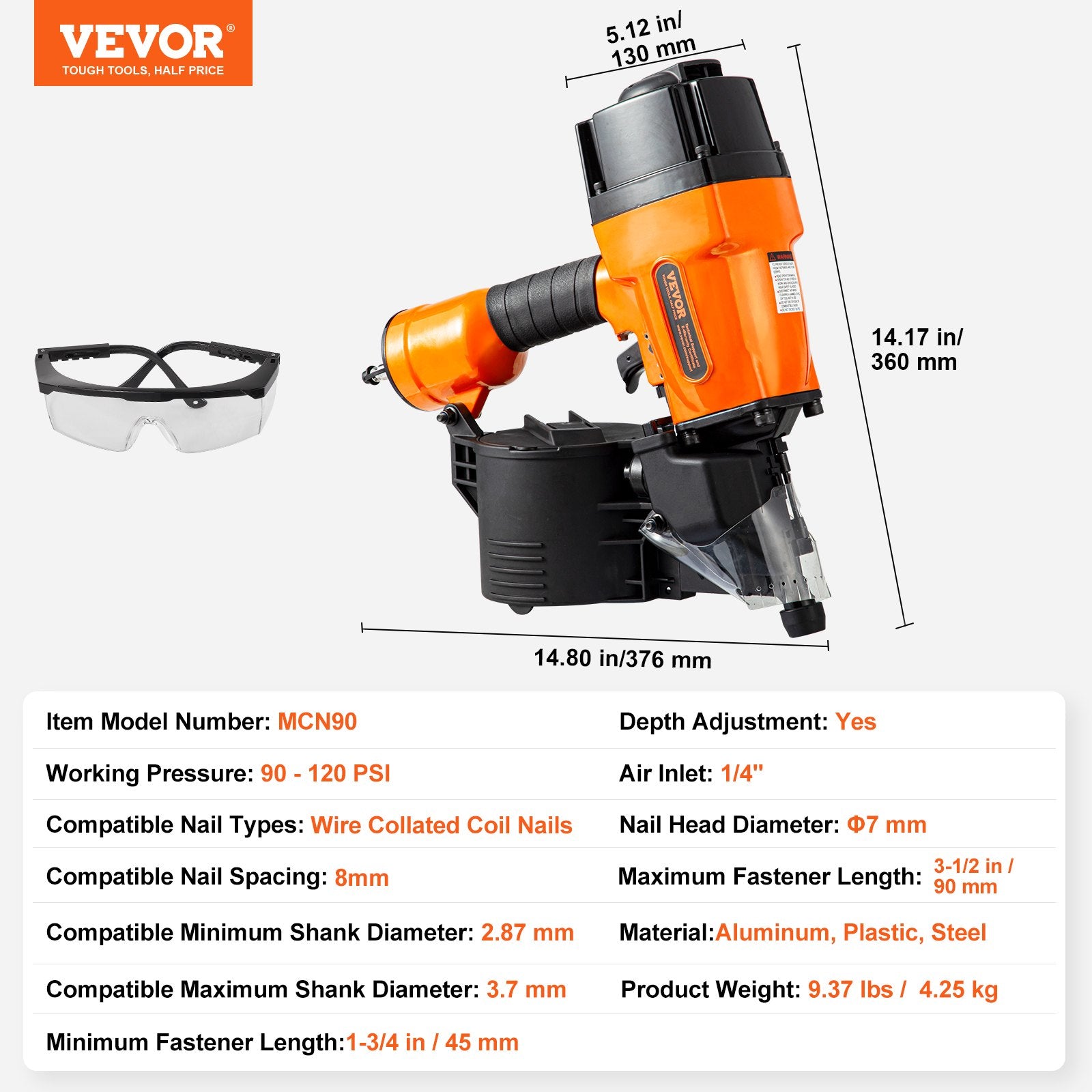 MCN90 Coil Framing Nailer 45mm to 90mm 15 Degree Pneumatic Nail Gun V952-QDJPDQ90RS00AJ1WOV0