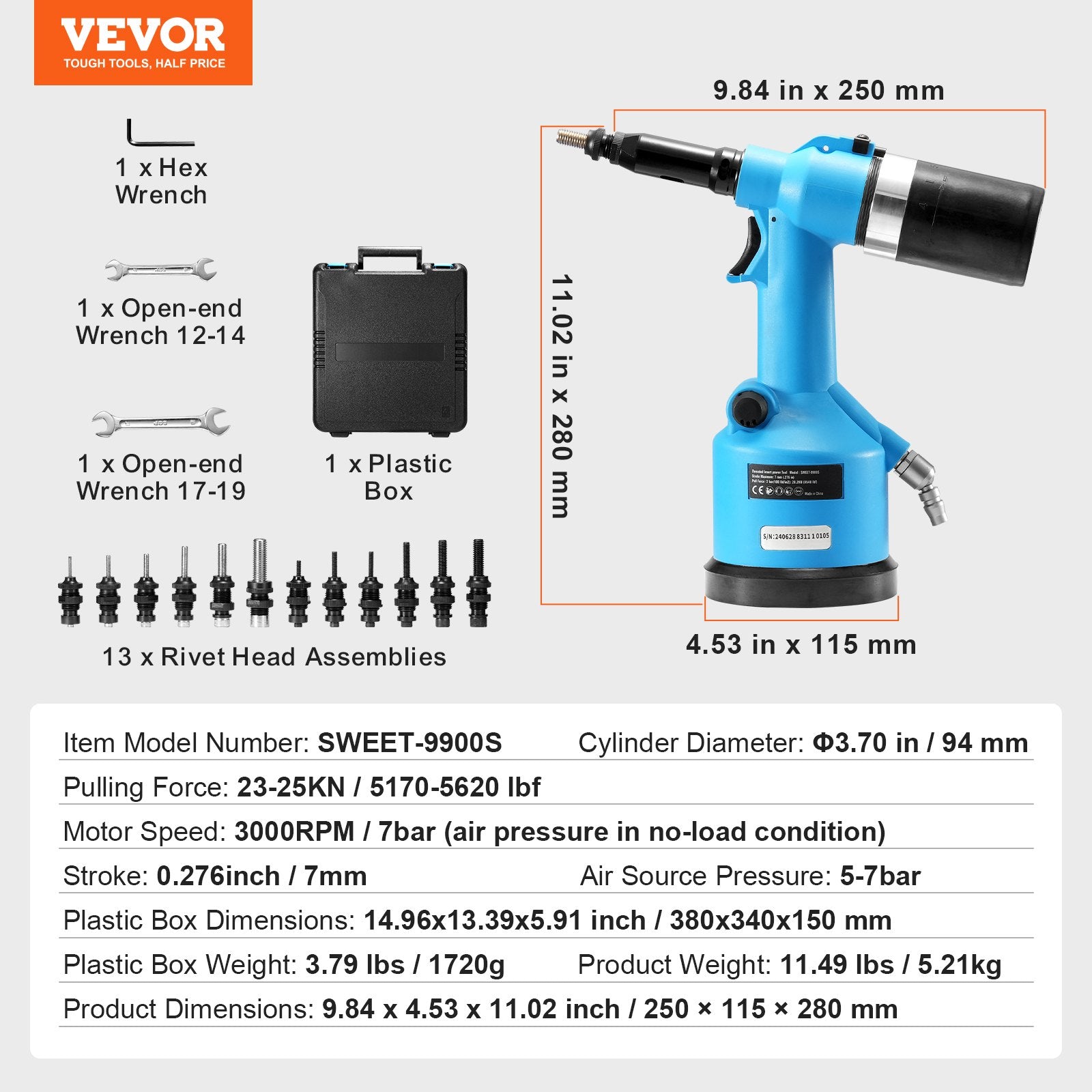 Pneumatic Air Riveter Heavy Duty Rivet Gun Tool Kit 13 Size Nose Pieces V952-QDLMDQMLMQWQ7NSEBV0