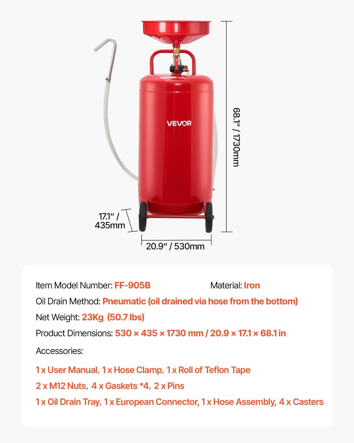95L Waste Oil Drain Tank, Air Operated Portable Oil Drainer with Adjustable Funnel Height, Industrial Fluid V952-QDLSPYPJS25G11TPZ001V0