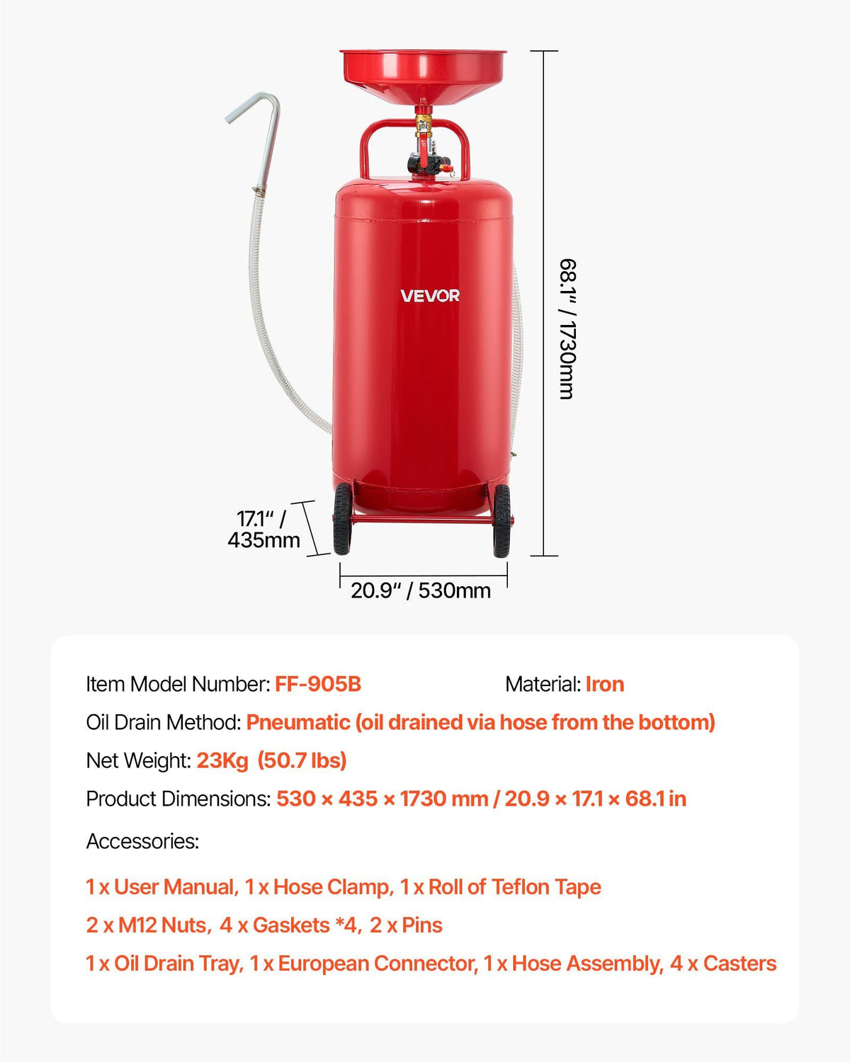 95L Waste Oil Drain Tank, Air Operated Portable Oil Drainer with Adjustable Funnel Height, Industrial Fluid V952-QDLSPYPJS25G11TPZ001V0