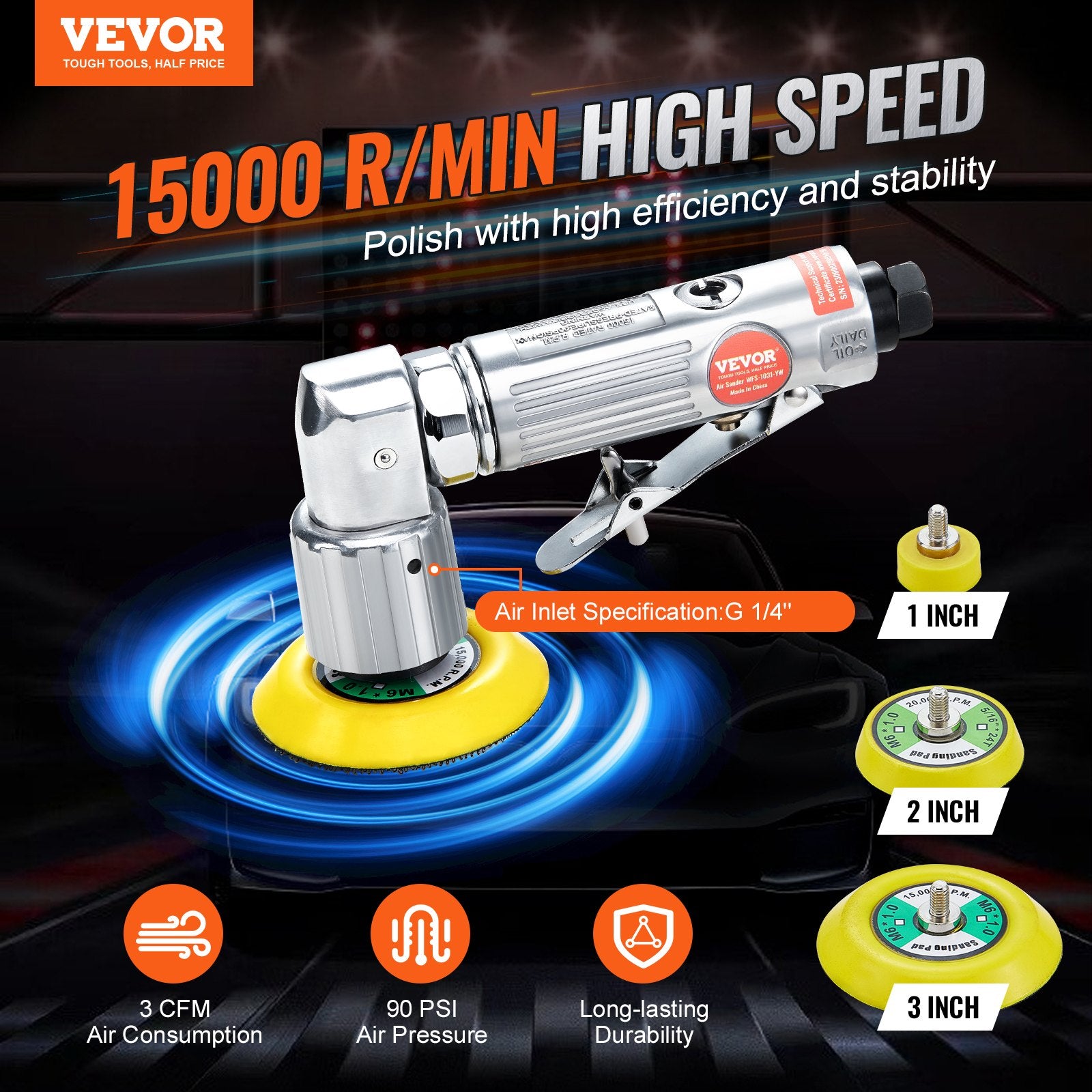 58PCS Air Sander Kit 1/2/3in Random Orbital Air Sander Polisher 15000r/min V952-QDPGJ123C0005YFA5V0