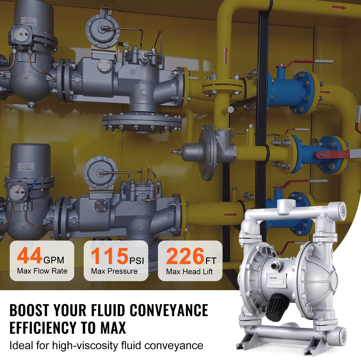 Air Operated Double Diaphragm Pump, 44GPM, Max 115PSI Air Waste Oil Pneumatic Transfer Pump with 2 Extra V952-QDSQGMBLHJ15NT76JV0