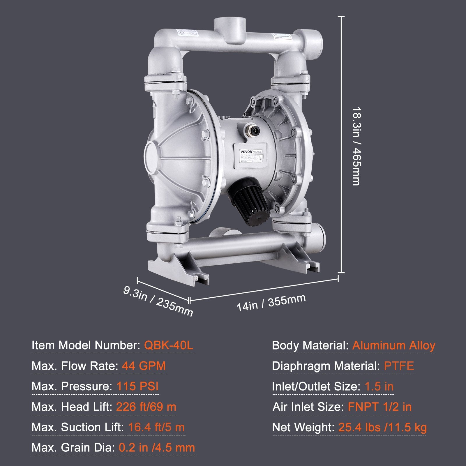 Air Operated Double Diaphragm Pump, 44GPM, Max 115PSI Air Waste Oil Pneumatic Transfer Pump with 2 Extra V952-QDSQGMBLHJ15NT76JV0