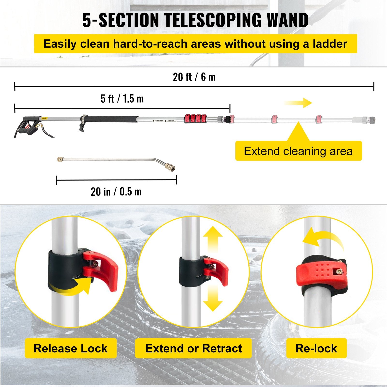Telescoping Pressure Washer Wand, 20 ft 5-Section Length Adjustable, Max. 4000 PSI Fit for 3/8'' Quick V952-QDXDJYCHHZH20U9C6V0