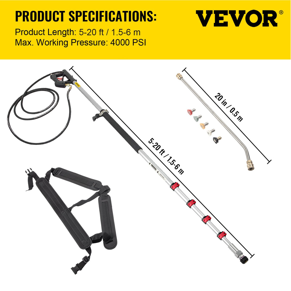 Telescoping Pressure Washer Wand, 20 ft 5-Section Length Adjustable, Max. 4000 PSI Fit for 3/8'' Quick V952-QDXDJYCHHZH20U9C6V0